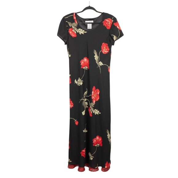 Jessica Howard Dresses & Skirts - Jessica Howard Floral Maxi Dress 12 VTG 90s Black Red Short Sleeves Ruffle Hem
